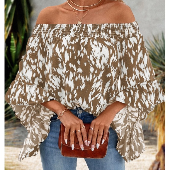 BellanBlue Tops - Leopard Print Off Shoulder Wide Sleeve Ruffle Blouse